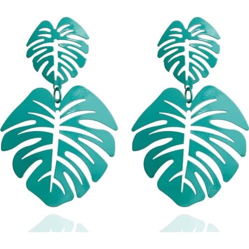 2019 Fashion Big Leaf Drop Earrings For Women Statement Geometric Yellow Green Long Hollow Painted Metal Dangle Earrings Jewelry