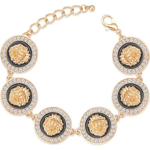Hip Hop Gold Personalized Lion Heads Bracelet Women Handmade Clasp Rhinestone Punk Animal Chain Black Enamel Medallic Jewelry