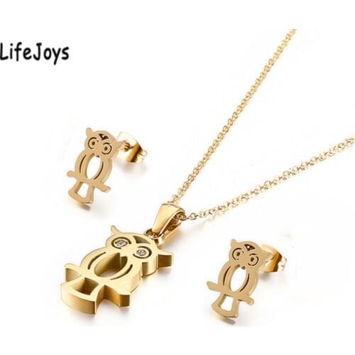 Stainless Steel Owl Necklace Earrings Jewelry Set Hollow Owl Studs Pendant Gold Silver Color With Zircon For Women Girls Quality