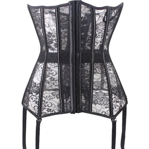 Womens Sexy Black Transparent Lace Underbust Waist Cincher Garter Corset Bustier Gothic Corsets Bustiers Lace Slimming S-6XL