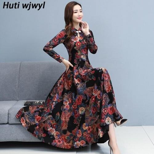 Chinese Style Print Vintage Lady Midi Dress 2021 Spring Autumn New Elegant Bodycon Party fashion Dress Women Chic Maxi Vestidos