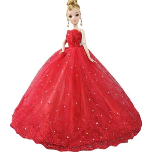 1/6 BJD Doll Clothes for Barbie Accessories Classic Red Sequin Princess Wedding Dress Off Shoulder Party Gown Vestidos Kids Toys