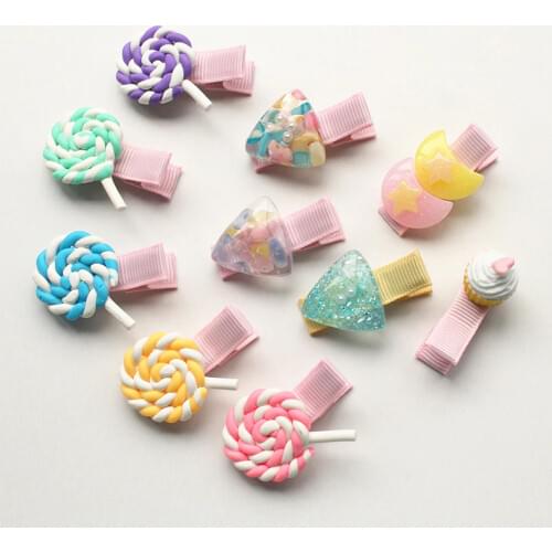 20pc/lot Lollipop Soft Ceramics Colorful Hairpins Triangle Mini Pearls Hair Clips Double Moon Stars Plastic Barrettes Cakes Hair