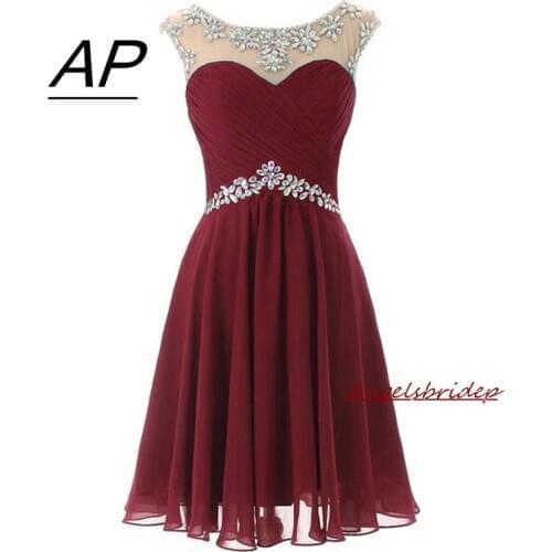 Angelsbridep Sheer Neck Pleat Homecoming Dresses 2021 Sparkly Crystals Empire Waist Chiffon Junior Graduation Formal Gowns Hot