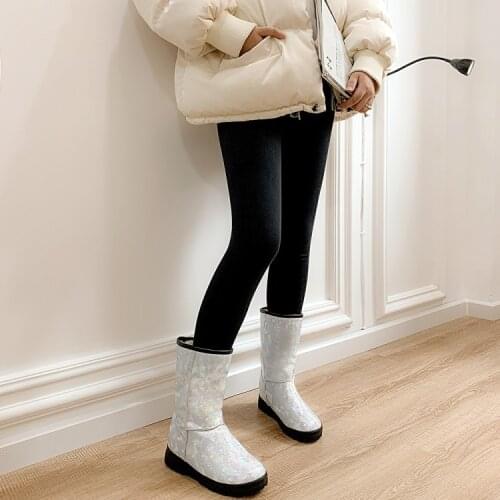Large winter womens cotton shoes blue white silver inner high flat heel thick bottom warm middle tube snow boots