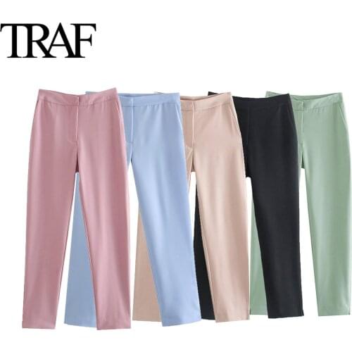 Traf Za Women Clothes Korean Fashion Ankle Length Pants Chic Office Ladies High Waist Straight Trousers Mujer Pantalones