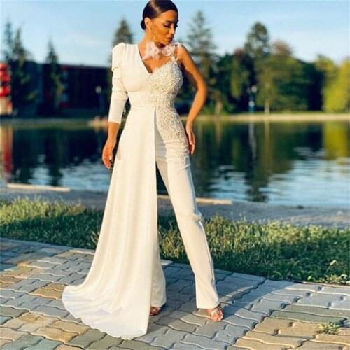 Elegant Jumpsuit Prom Dresses Lace Appliqued Floor Length Evening Dress Custom Made One Shoulder Party Gown