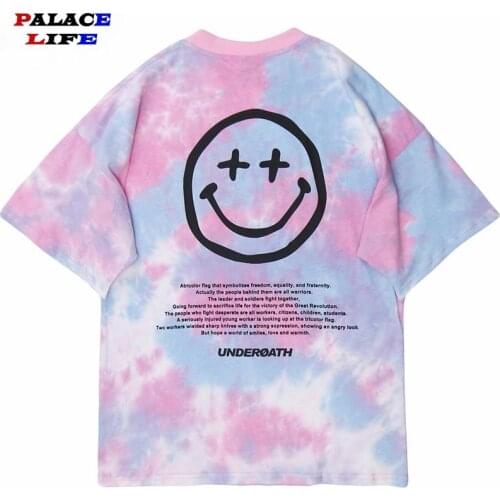 2021 Men Tie Dye Smiley Print T Shirt Hip Hop Streetwear Harajuku Tshirt Summer Short Sleeve T-Shirt Cotton Casual Tops Tees
