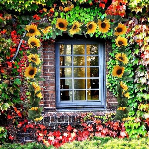 Fake Silk Sunflower Ivy Vine Artificial Flowers With Green Leaves Hanging Garland Garden Fences Home Wedding Decoration