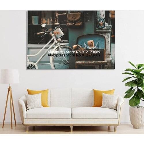 Paintings White Bicycle Retro at The Entrance of Coffee House Living Room Decoration Poster Decorative Painting Canvas Wall Art