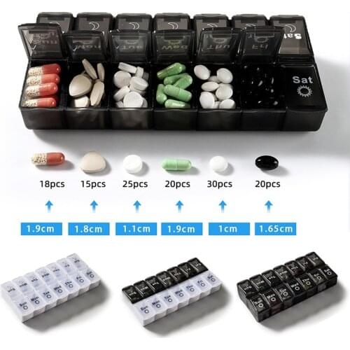 Pill Box Case 7 Day Weekly Medicine Storage Box Double Row 14Grid Tablte Dispenser Organizer Black White First-aid Kit Container