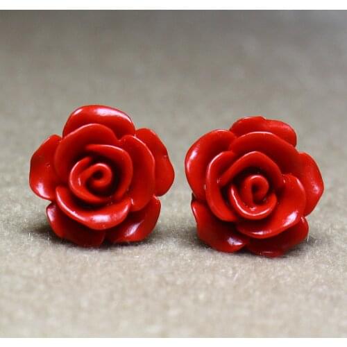 Red flower earrings Korean female retro rose lacquer For Women natural gem/stone/coral/opal Marcasite Earrings