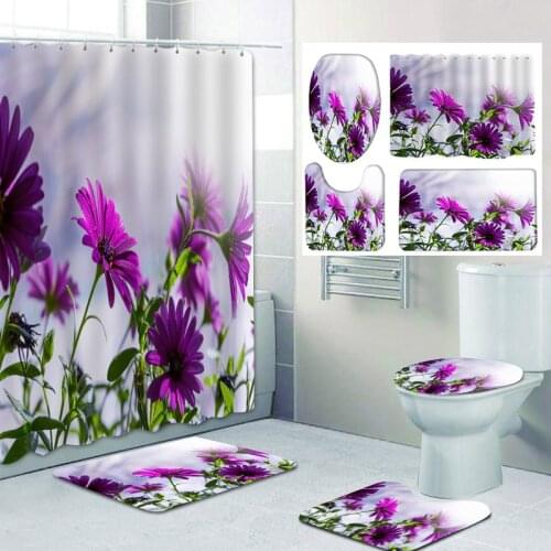 Sunny Fowers Print Shower Curtain Set Carpet Toilet Cover Bath Mat Sets Bathroom Curtain Waterproof With 12 Hooks Home Deco