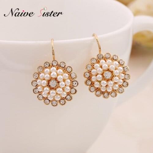 2019 New Girls Round Sunflower Drop Earring Cute Bohemian Flower Jewelry Pearl Rhinestone Earings for Women Korean Jewellery