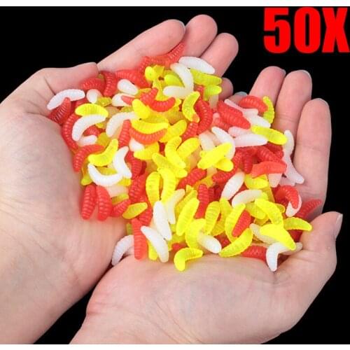 Newly 50PCS 2.2cm Pole Bait Fishing Lure Soft Bread Bug Bionic Grubs Trout Lure Soft Bait Hot Fishing Color random