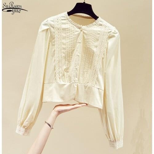 Spring Autumn New White Lace Blouse Office Lady Floral Lace Up Fashion Shirt Tops O-Neck Long Sleeve Women Blouse Blusas 13123
