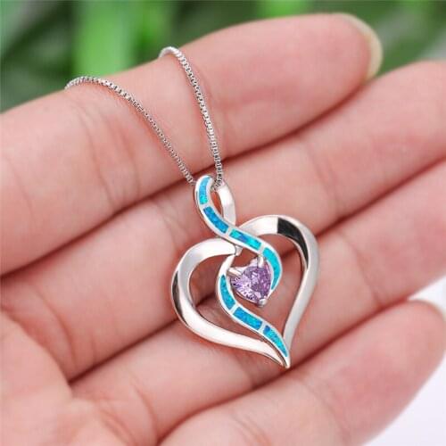 Charm Silver Color Wedding Necklace Rainbow Crystal Heart Pendant Necklace Cute Female White Blue Opal Chain Necklaces For Women