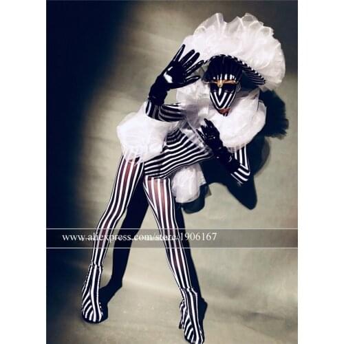 Nightclub Bar Zebra Clothes Halloween Party Headdress Black White Striped Jumpsuit Dj Ds Dance Team Suit Gogo Ballroom Costumes