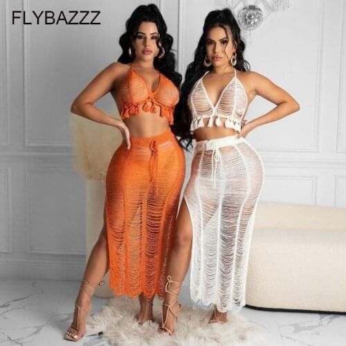 Solid Knit Crochet Hollow Out Womens Swimwear 2021 Bikini Beach Cover Up Halter Lace-up Bra High Waist Tassels Suits With Skirt