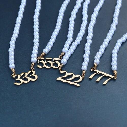 Stainless Steel Angel Number Necklace Pearl Chain Choker 444 999 888 222 555 666 333 777 Boho Jewelry Devil Colar Gold Necklaces