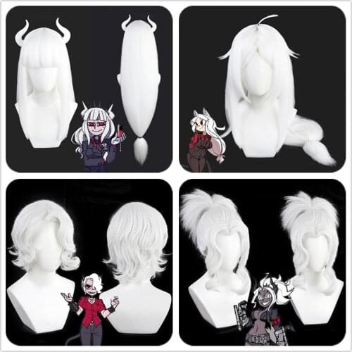 Game Helltaker the awesome demon Cerberus Lucifer Satan Zdrada Cosplay Wig Girl Hairpiece Pigtail Women White Hair Periwig + Cap