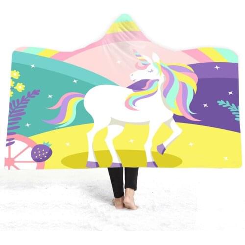 Rainbow Unicorn Pattern 3D Printed Plush Hooded Blanket for Adult Kid Warm Wearable Portable Fleece Cute Dropship