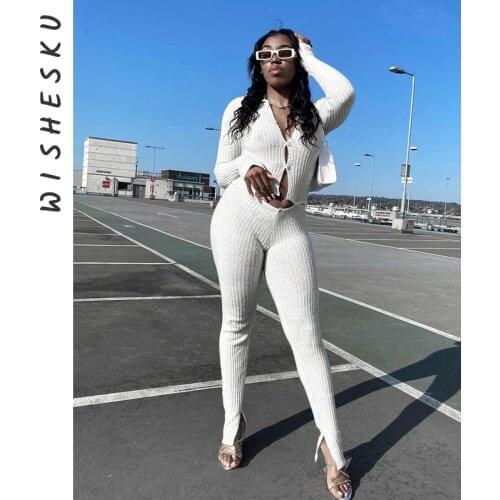 Women Long Sleeve Cardigan Buttons Up Lapel Top+High Waist Pencil Pants 2021 Spring Autumn Ribbed Two Piece Set Ladies Outfits