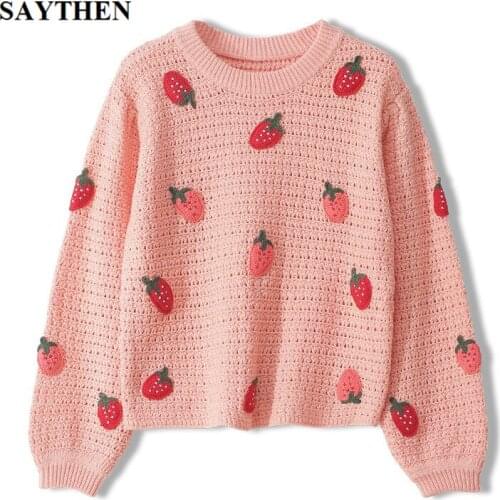 Saythen 2020 Autumn Sweet Style Sweater Female Strawberry Decorative Embroidery Loose Short Top Round Neck Long Sleeve Pullover