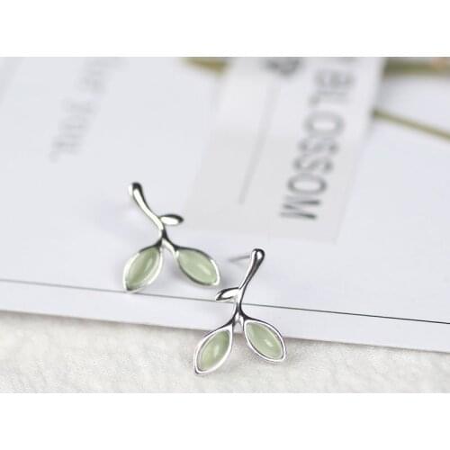 Leaf Shape Stud Earring 925 Sterling Silver Earings for Women Opal Green Stone Ear Pierced Earings