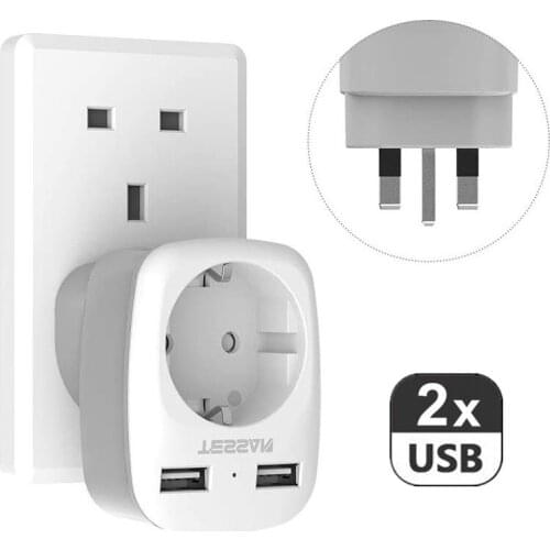 TESSAN UK Plug Power Strip with 2 USB Ports Electrical Socket Portable Travel Adapter 100-250V Wall Outlet Charger for Phones
