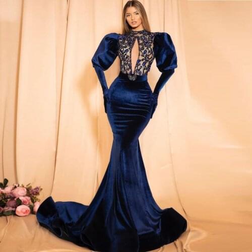 Dark Blue Moroccan Caftan Evening Dress Celebrity Dress With Applique Floor Length Mermaid Dress Special Occasion Prom Dresses