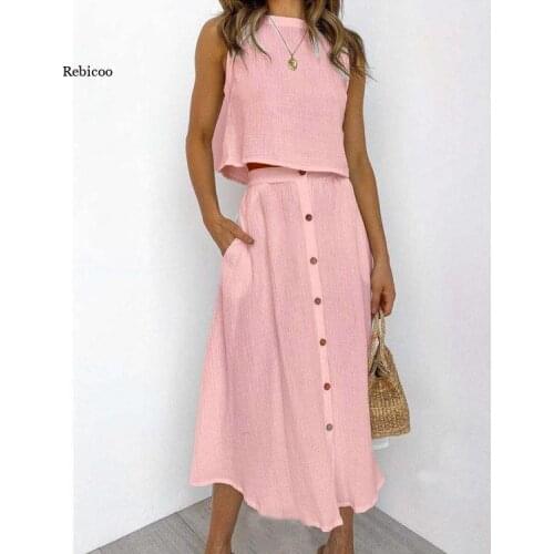 High Waist Skirt Womens Suit Sleeveless Top Two Piece Set Button Long A-line Skirts Summer New Casual Tops Sets Plus Size