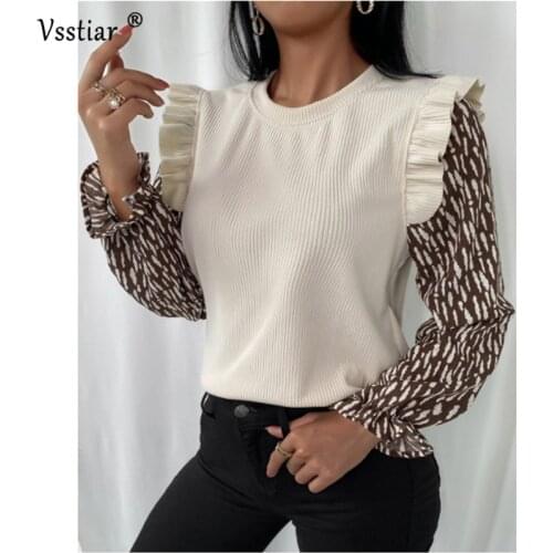 2020 Ruffles Women T-Shirt Long Sleeve Sexy O Neck Patchwork Office Ladies Tops Autumn Winter Casual Plus Size T Shirts