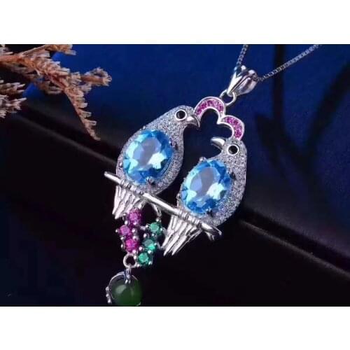 Natural blue topaz gem pendant S925 silver Natural jade Pendant Necklace Joy romantic magpie Love couple women party jewelry