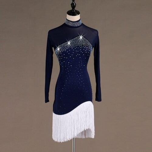 Women Navy Blue Hollow Back Shiny Rhinestone Latin Dance Skirt Professional Latin Dance Training Suit Rumba Bullfighting Skirt