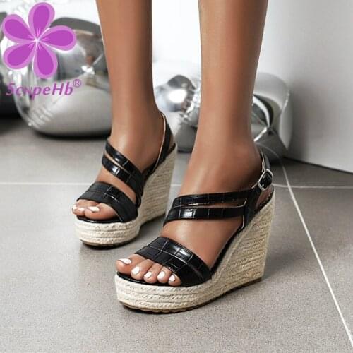 Women Wedges Sandals Ladies High Platform Open Toe Ankle Strap Shoes Camel and Black Stone Plaid Rome Solid 2020 Summer Fashion
