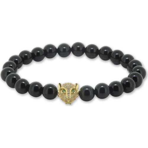 Gold Rose gold Black Leo Lion Head Charm Bracelet Black Stone Beaded Mens Bracelet For Men Women Pulseras Hombre Bijoux