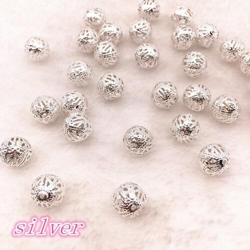 150-30pcs 4/6/8/10mm Hollow Ball Flower Beads Metal Charms Silver Plated Filigree Spacer Beads For Jewelry Making