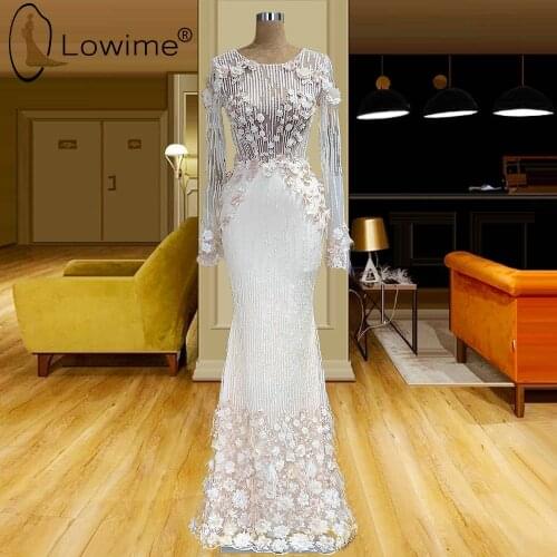 2021 Ivory Muslim Long Sleeve Mermaid Evening Dresses with Handmade Flowers Saudi Arabia Luxury Heavy Beading Evening Gowns