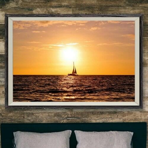 296 Yacht Sea Golden Sunset Nature Wall Silk Cloth Poster Art Decoration Gift