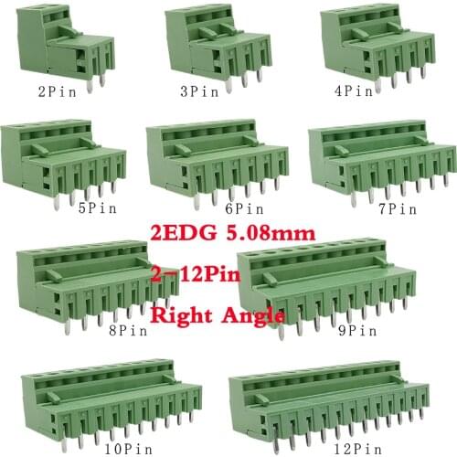 2EDG 5.08mm PCB Screw Terminal Block Wire Connector Right Angle Plug, 5.08mm Pitch Header Sockets 2/3/4/5/6/7/8/9/10/12 Pin