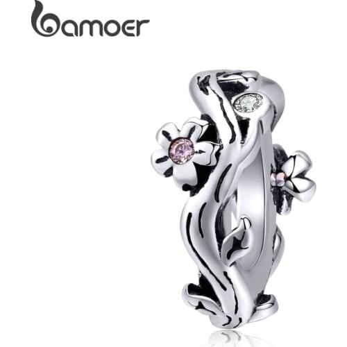 Bamoer Sterling Silver 925 Jewelry Sakura Cherry Blossom Tiny Charm fit Original Snake Bracelet Fashion Jewelry Making SCC1448