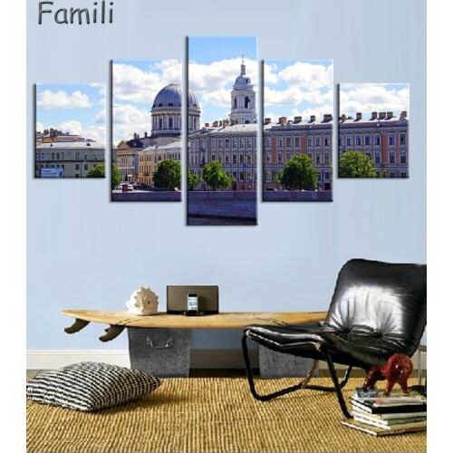 Unframed)5Pieces/set Modern Wall Painting Art Picture Paint On Canvas Prints Night Charming Russian building