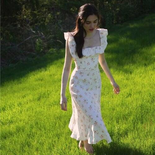 BOHO INSPIRED ruffle edged neckline women dress front slit ladies dress floral print chiffon summer dress new boho dress 2021