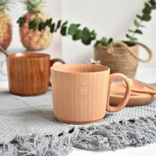 Natural Wood Cups Wooden Handcrafted Coffee Milk Juice Tea Mugs Wine Tumbler With Handle