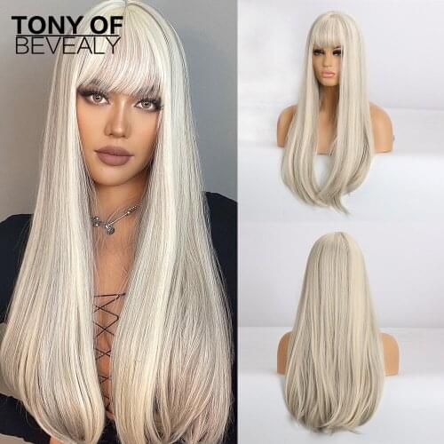 Long Silky Straight White Wigs with Highlights Synthetic Wigs With Bangs For Afro Women Heat Resistant Cosplay Natural Wigs