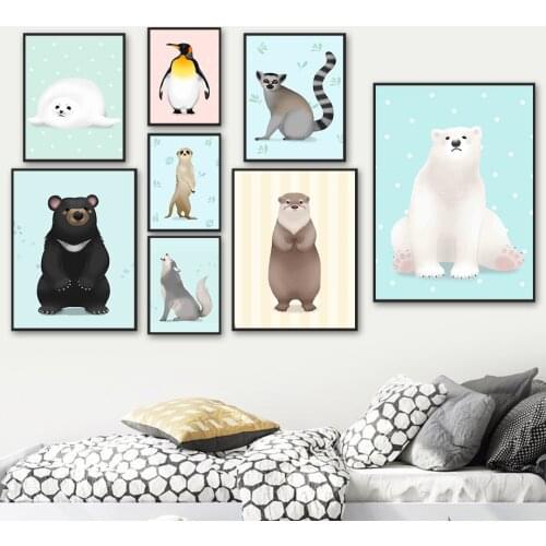 Raccoon Penguin Seal Bear Meerkat Wolf Sea Lion Wall Art Canvas Painting Nordic Posters And Prints Wall Pictures Kids Room Decor