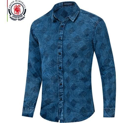 Fredd Marshall 2019 New Washed Plaid Denim Shirt Men Casual Long Sleeve 100 Cotton Dress Shirt Men Button Down Vintage Shirt 097