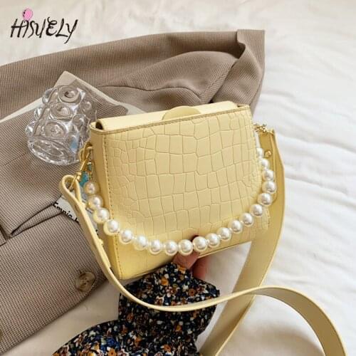 Fashion retro crocodile pattern chain shoulder bag ladies 2021 new elegant pearl small square handbag fashion wallet