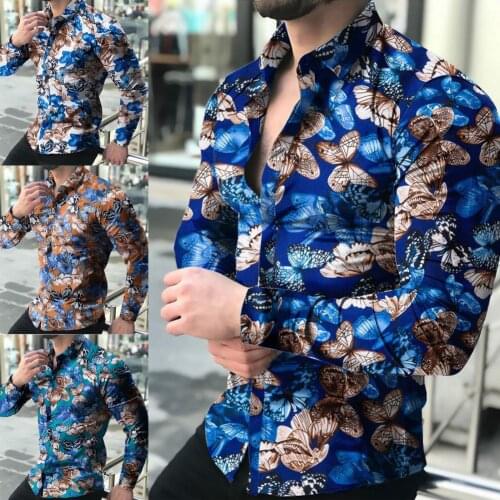 MenS Fashions 2021 Autumn Summer Shirt Butterflies Print Buttons Long Sleeve Lapel Top for Party Hawaiian Beach Casual Shirt